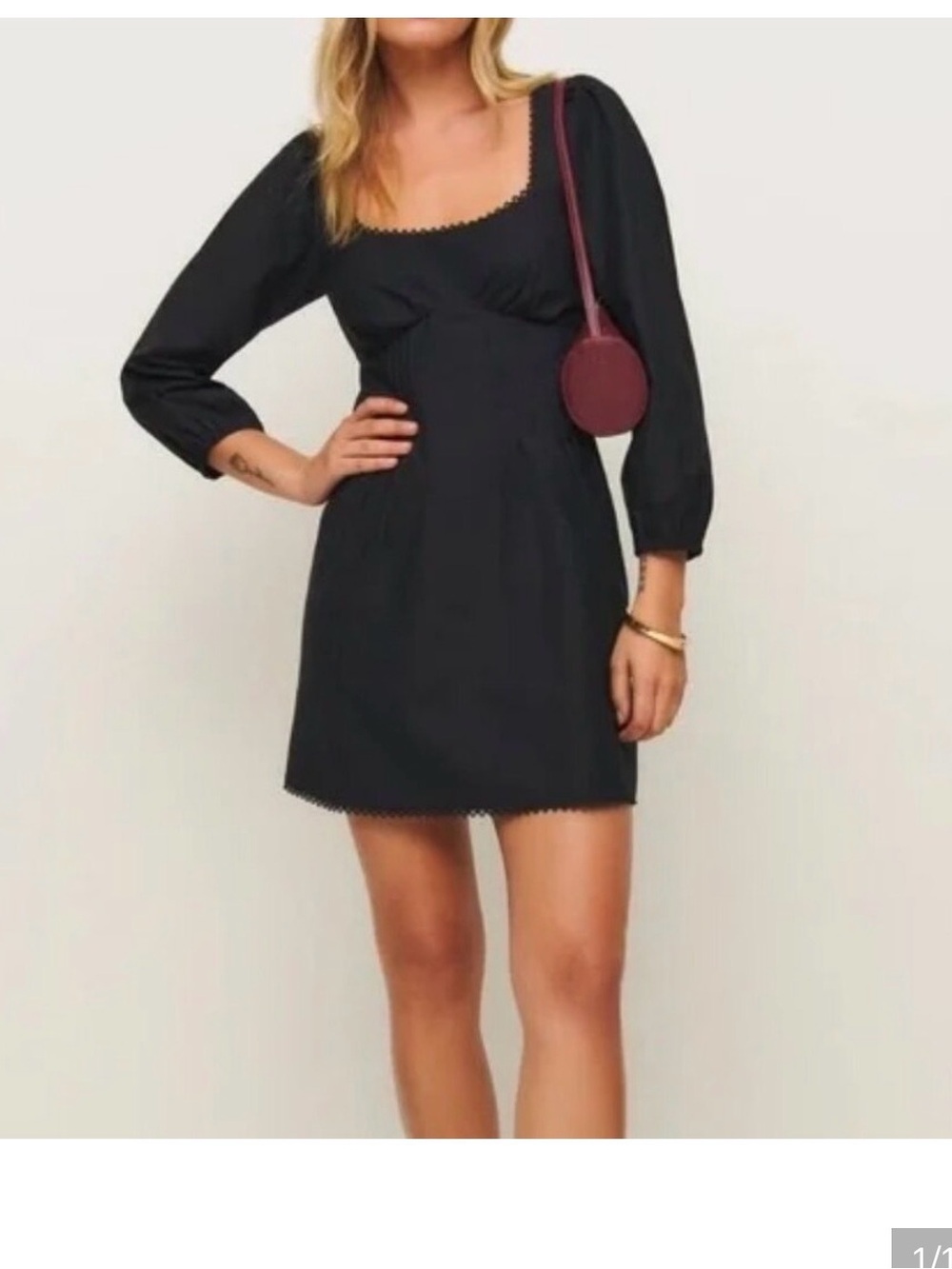 Reformation Black Square-Neck Mini Dress with Three-Quarter Sleeves